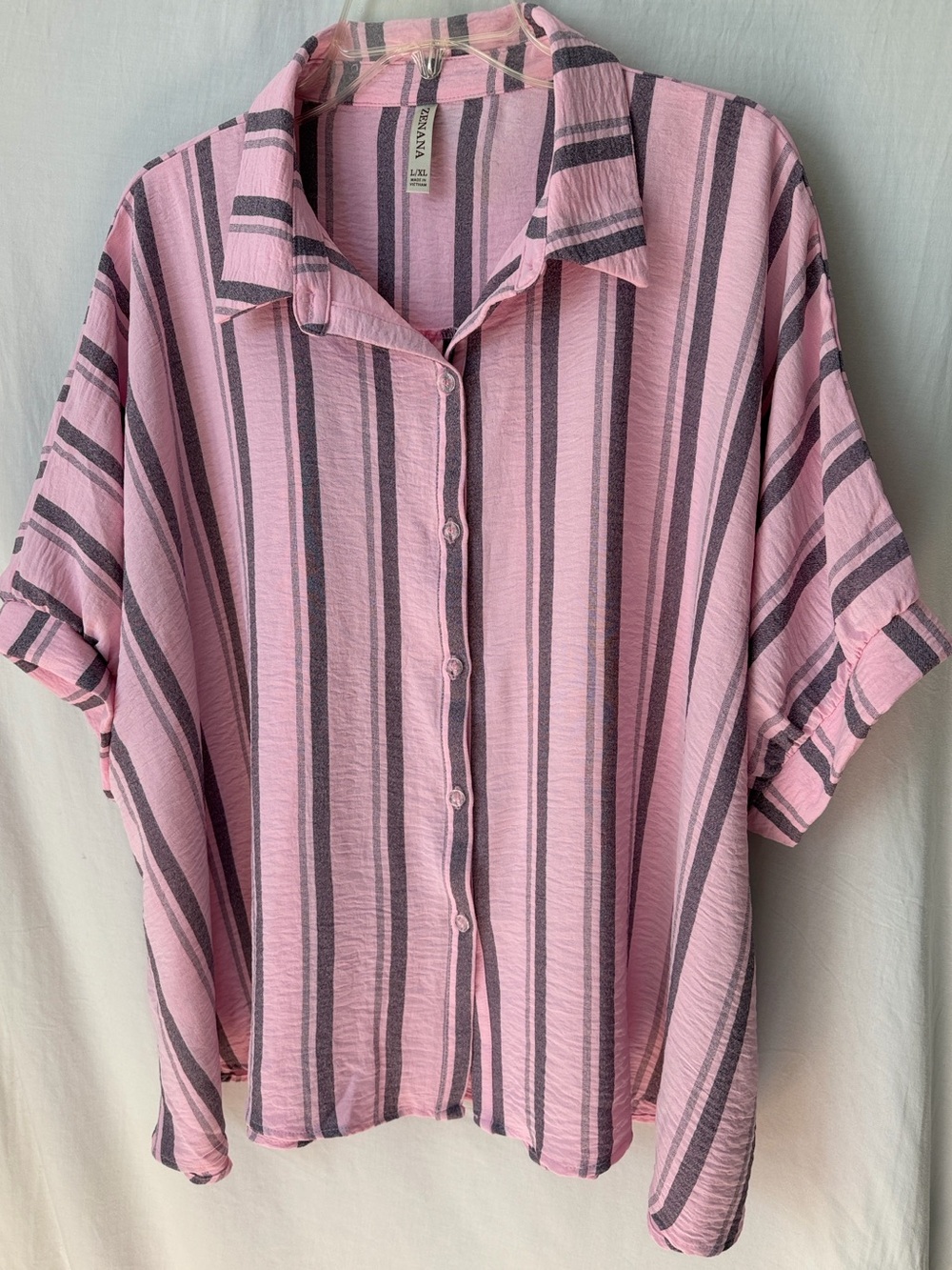 Zenana Oversized Striped Button Down Shirt Pink Charcoal L/XL